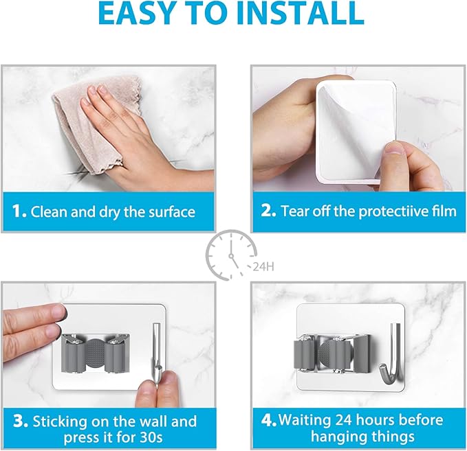 homeasy Mop Broom Holder No Drill, Mop Broom Organizer Wall Mounted Heavy Duty with Hooks Hanger, Self Adhesive Stainless Steel 6Pcs for Bathroom, Kitchen, Office (Silver)