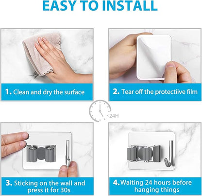 homeasy Mop Broom Holder No Drill, Mop Broom Organizer Wall Mounted Heavy Duty with Hooks Hanger, Self Adhesive Stainless Steel 6Pcs for Bathroom, Kitchen, Office (Silver)