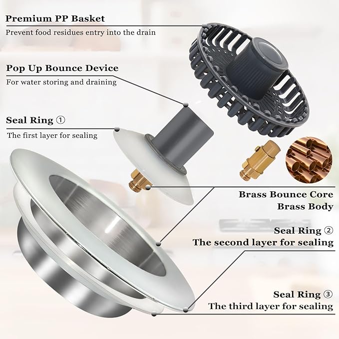 BAOLSLS 3 in 1 Kitchen Sink Stopper, Pop Up Kitchen Sink Drain Strainer, with an Extra Basket Strainer, Kitchen Sink Drain Stopper for US Standard 3-1/2 Inch, Brass Material Electroplate Silver