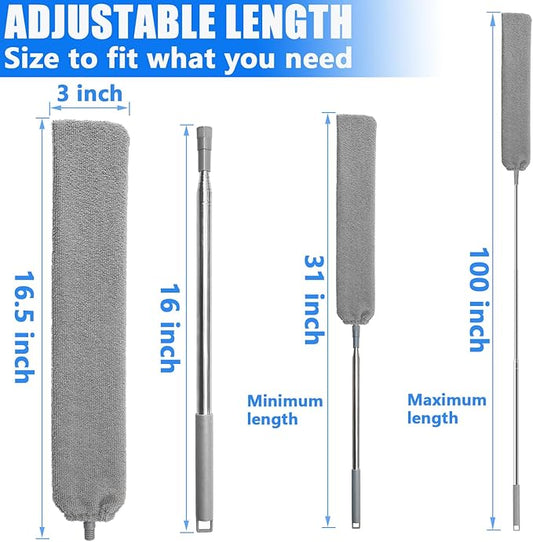 Retractable Gap Dust Cleaner Brush with 4 pcs Replacement Duster Cloth, 100 inches Extendable Pole, Flexible Microfiber Duster for Cleaning Under Refrigerator, Sofa,Couch Bed, Furniture
