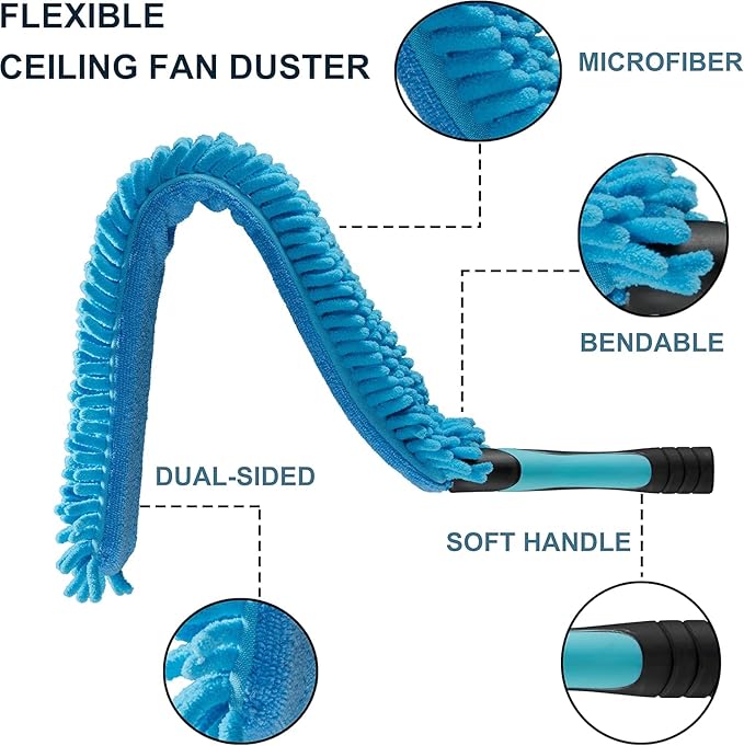 Microfiber Flexible Ceiling Fan Duster with Washable Chenille Dusting Cloth, Use by Hand or Attach to Extension Poles (5)