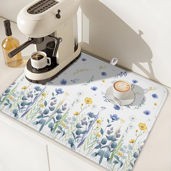 Floral Dish Drying Mat for Kitchen Counter 24x18 Inch Yellow Purple Flower Drying Mat with Absorbent Reversible Microfiber Season Spring Dish Drainer Mats Rack Pad for Coffee Countertop Protector
