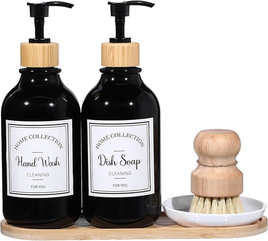Zopeal 4 Pcs 16 oz Kitchen Soap Dispenser Set with Bamboo Tray and Dish Brush Plastic Soap Dispenser Set with Waterproof Labels for Hand Dish Lotion(Black)