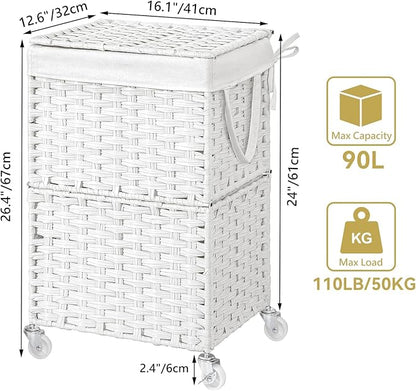 Chrislley 90L Slim Laundry Hamper with Wheels, Rolling Laundry Basket with Lid and Renovable Liner Bag, Handwoven Rattan Organizer for bedroom, bathroom, laundry room (White)