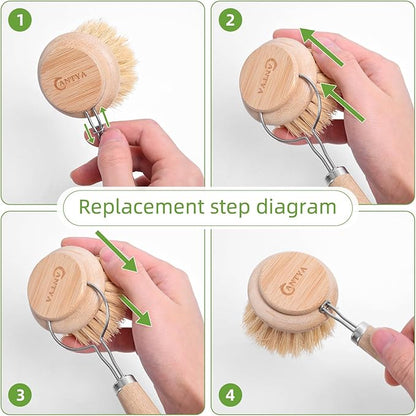 Bamboo Dish Brush - Bamboo Dish Scrubber, Eco-Friendly and Biodegradable, Vegetable Brush Suitable for Cookware, Bowls and Plates, Non-Stick Pans(Soft Bristle)