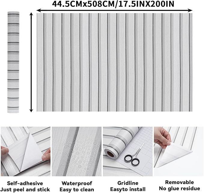 White Wood Slat Wallpaper - Peel & Stick Self-Adhesive (17.5" x 200"), Wood Effect Contact Paper for Walls, Removable DIY Wall Covering for Kitchen, Bathroom & Feature Walls