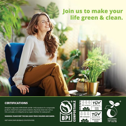 Simply Bio 13 Gallon Compostable Trash Bags Liners with Handle-Tie, Thick 0.87 Mil, 49.21 Liter, 30 Bags, Tall Kitchen Food Scrap Waste Bag, ASTM D6400, US BPI and OK Compost Home Certified