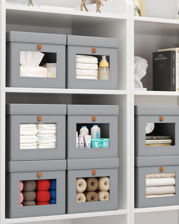 Storage Bins with Lid – Closet Organizer with Side Opening and Clear Window, Foldable Stackable Fabric Basket for Clothes, Home, Office - 13.77" x 11.8" x 9.8", 3 Pack, Grey