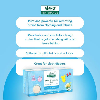 Stain Remover and Laundry Bar | Removes Stains from Clothing and Fabrics | Hand Wash Delicates | Targets Spit-Up, Food Mush and Soiled Clothing | Natural and Organic Ingredients | (220 grams)