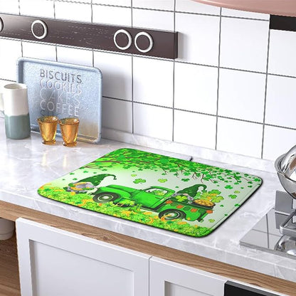 St Patricks Day Shamrock Drying Mat for Kitchen Counter Green Gnome Truck Dishes Drying Mat St. Patricks Day Spring Washable Dish Drying Pad Absorbent Microfiber Dishes Drainer Mats 16x18 Inch