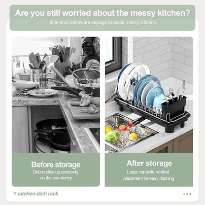 Compact Dish Drying Rack with Utensil Holder – Small Countertop Dish Drainer with 360° Rotating Drain Spout, Stainless Steel Dish Rack for Kitchen Sink, Space-Saving Design for Small Kitchen