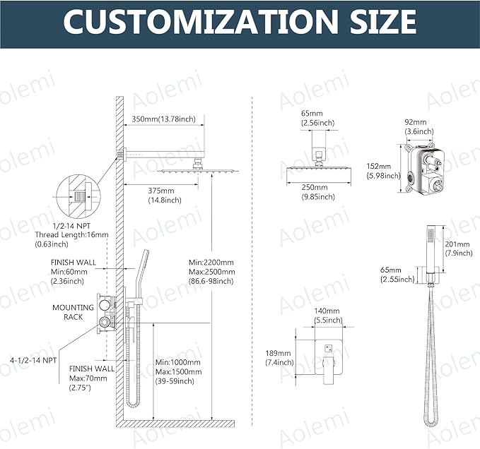 Aolemi Shower Faucet Set Rain Shower System with Handheld Spray Bathroom Shower Combo Rough-in Valve and Shower Trim Kit Included Matte Black 10 Inch Wall Mount Shower Head