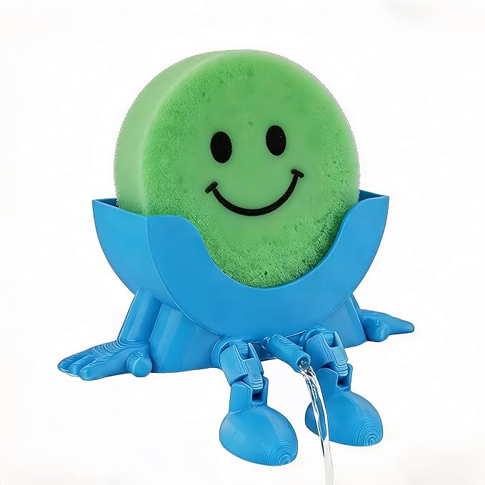 Cute Hanging Sponge Holder, Drainable Kitchen Sink Organizer, Scrub Sponge Stand Storage Rack with Smiley Design, Sink Accessories (Blue)