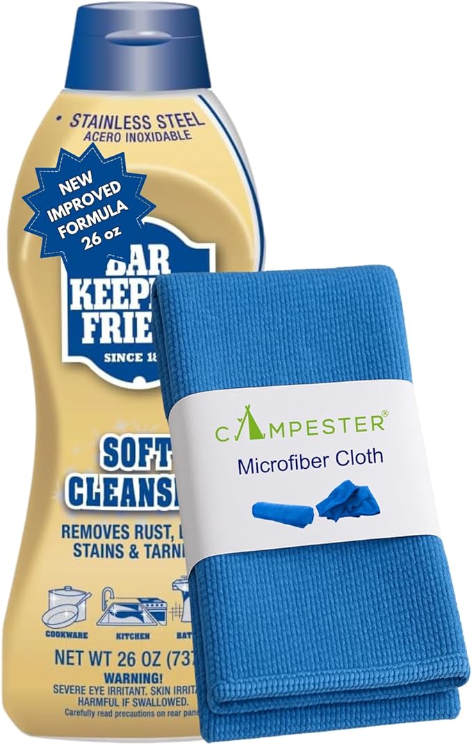 Campester Microfiber Cleaning Cloth Bundle for Bar-Keeper's Friend Soft Cleanser 26 Oz and. Removes Rust, Lime Stains, Tarnish. Ideal for Stainless Steel, Ceramic, or Tile. Kitchens Or Bathrooms