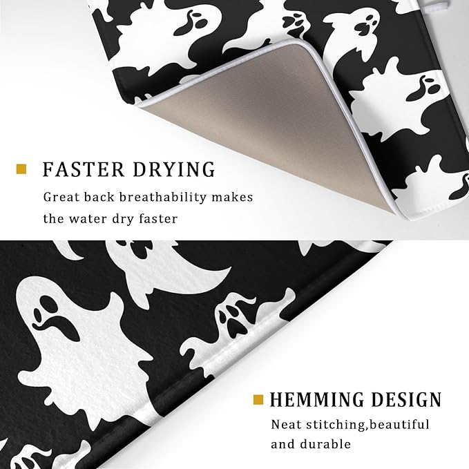 Halloween Bat Ghosts Dish Drying Mat for Kitchen Counter,Halloween Spooky Ghost Black and White Drying Mat 18 x 24 Inch Microfiber Dish Drying Pad Dish Rack Pad Drainer Mat for Coffee Bar