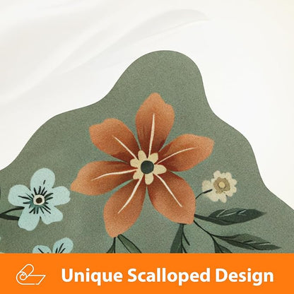 Scalloped Bohemian Boho Floral Flower Coffee Bar Mat Dish Drying Mats for Kitchen Counter, Kitchen Decor, (12"x19", Green 1)