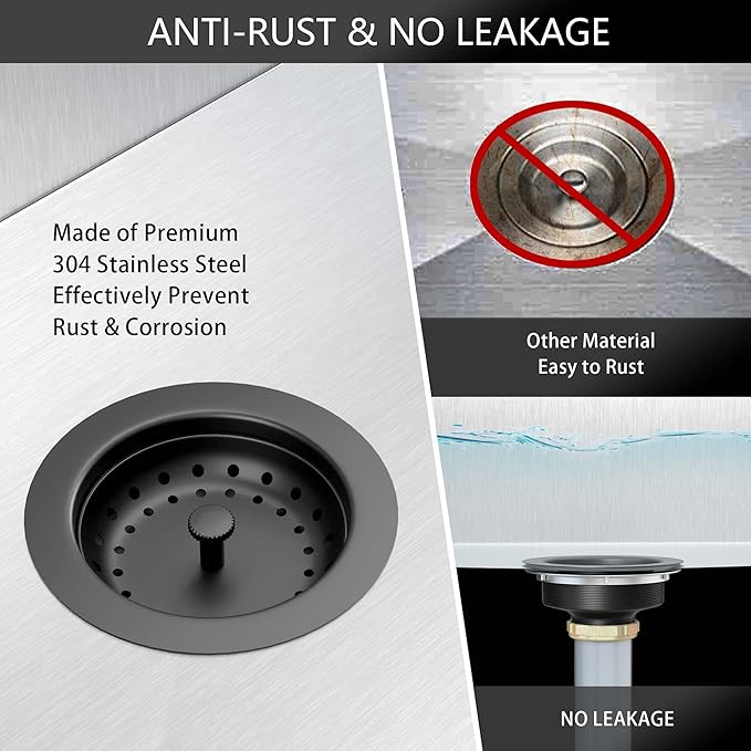 Black Sink Drain 3-1/2 Inch Matte Black Kitchen Sink Drain Strainer Assembly Kit with Strainer Basket and Drain Stopper for Standard Kitchen Sink Stainless Steel