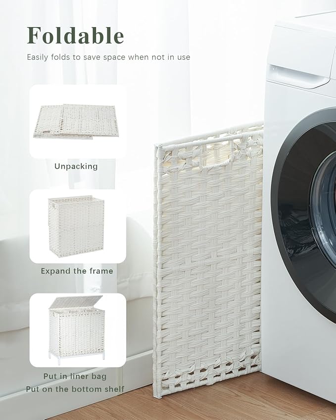Laundry Hamper with Lid,112 L Handwoven Rattan Wicker Laundry Basket, 2 Removable Liner Bags Metal Heightened Feet,6 Mesh Bags,2 Section Large Clothes Hamper for Bathroom Bedroom, Cloud White