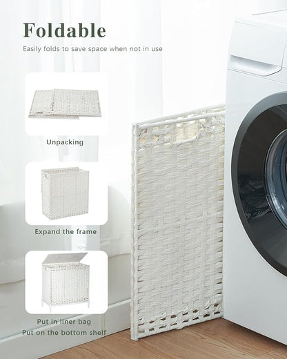 Laundry Hamper with Lid,112 L Handwoven Rattan Wicker Laundry Basket, 2 Removable Liner Bags Metal Heightened Feet,6 Mesh Bags,2 Section Large Clothes Hamper for Bathroom Bedroom, Cloud White
