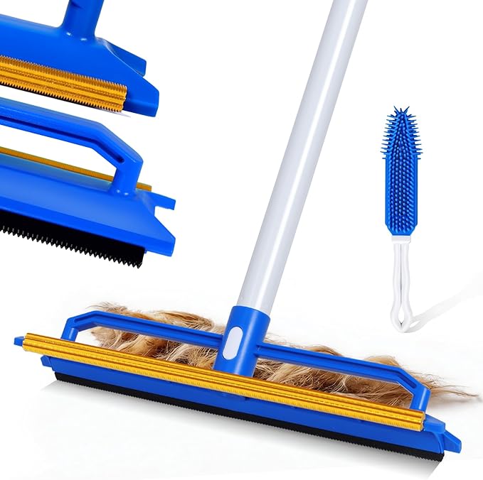 Topmart Carpet Rake with 60" Adjustable Handle, Cat Dog Carpet Rake Scraper for Rugs, Mats, Reusable Pet Hair Remover with 1 Silicone Removal Brush