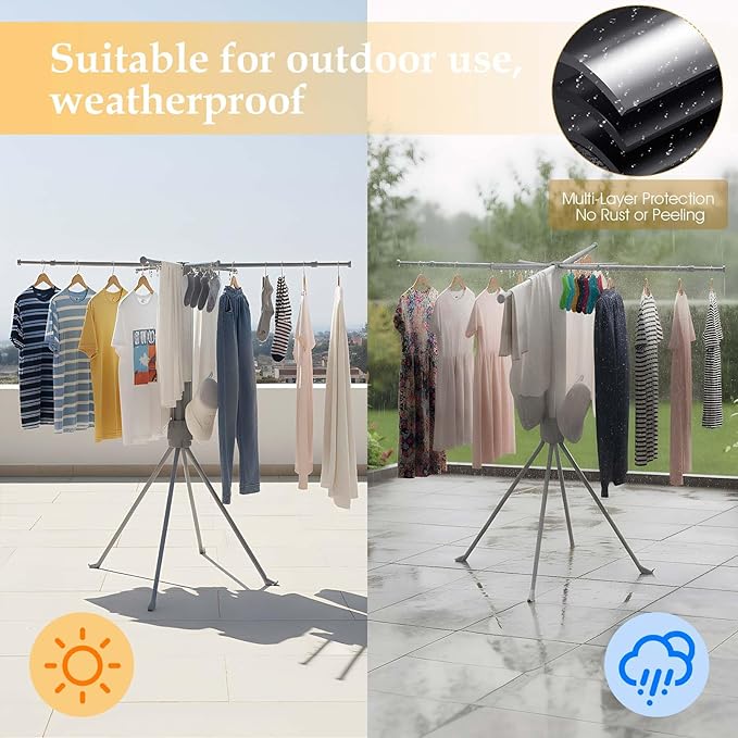cjc Foldable Clothes Drying Rack, Drying Rack Clothing,Collapsible Drying Racks for Laundry Used for Indoor, Outdoor, 4 Retractable Drying Rods + 4 Shoe Racks + 4 Sock Clips with 16 Clips/Grey