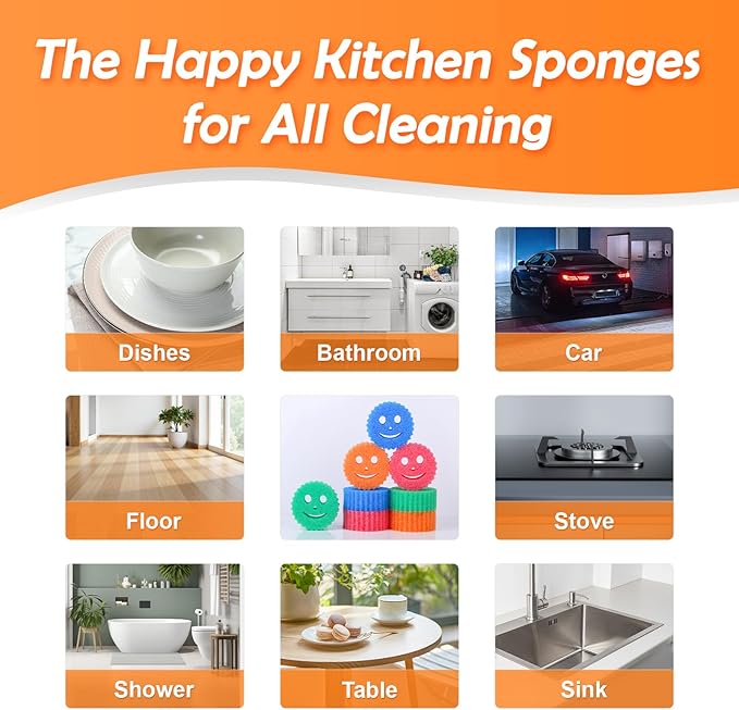 8 Colorful Smile Scrub Sponges, Temperature Controlled Sponges Kitchen, Bulk Dish Sponge for Cleaning, Multi Functional Cleaning Sponge for Kitchen, Bathroom, Floor