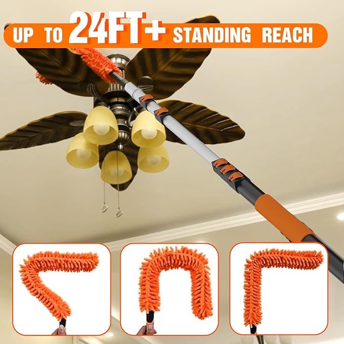 LAANPOLE 30FT Reach Ceiling Fan Cleaner Duster, Fan Blade Cleaner Kit with 5-24FT Extension Pole, Microfiber Duster & Replaceable Cleaning Cloth for Blades, Ceiling, Furniture