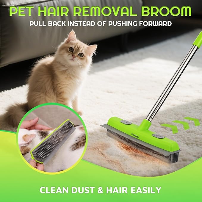 Carpet Rake,Rubber Broom for Pet Hair Removal with 61" Long Handle,2 Microfiber Cloths, Built-in Squeegee & Pet Brush, 4 in 1 Hair Remover for Rugs, Carpets,Tiles,Couches - Green