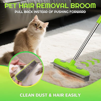 Carpet Rake,Rubber Broom for Pet Hair Removal with 61" Long Handle,2 Microfiber Cloths, Built-in Squeegee & Pet Brush, 4 in 1 Hair Remover for Rugs, Carpets,Tiles,Couches - Green