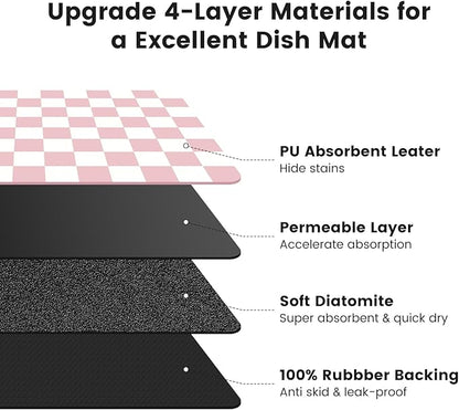 16" x 24" Checkered Dish Drying Mat for Kitchen Counter, Absorbent Coffee Bar Mat for Espresso Machine Coffee Countertops Accessories (Pink)