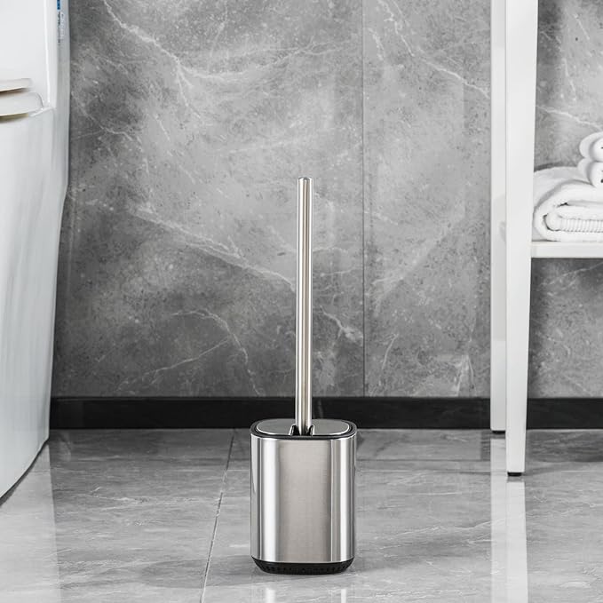 Toilet Brush and Holder Set Durable Toilet Scrubber Sleek Toilet Bowl Brush Stainless Steel Bathroom Toilet Brush Set with Lid Toilet Cleaning Brush(1, Stainless Steel)