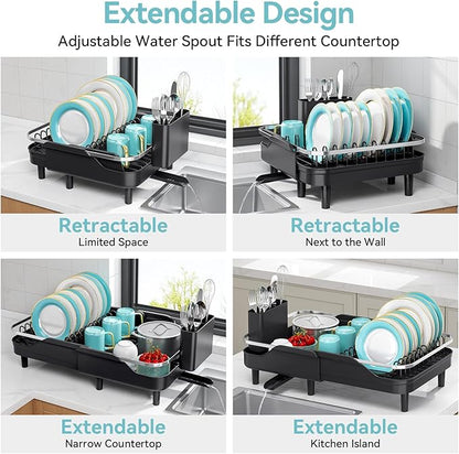 Urackify Expandable Dish Rack for Kitchen Counter,16.14"-23.62" Large Stainless Steel Dish Drying Rack with Adjustable Water Spout, Space Saving Dish Drainer with Auto Draining Cutlery Holder,Black