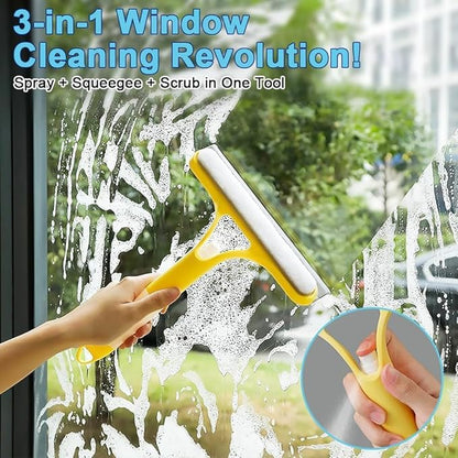 3 in 1 Window Cleaner Tool with Built-in Spray Bottle, Squeegee and Brush - 2026 New for Shower Glass, Mirrors, Car Windows (Blue)