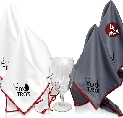 Fox Trot Large Microfiber Polishing Cloths (4 Pack White | Gray) | Streak Free, Lint Free Shine and Clarity for Wine Glasses, Stemware and More