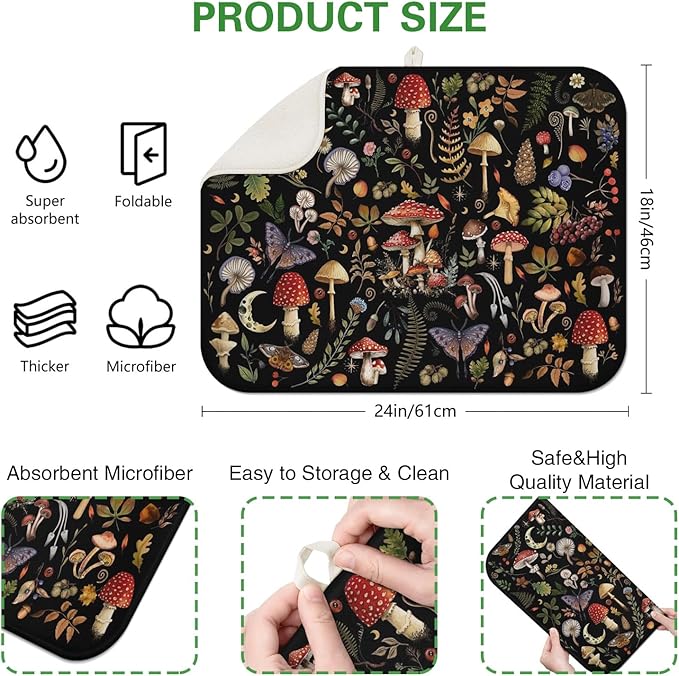 Dish Drying Mat Drainer Pads - Extra Large Microfiber Drying Mats for Dishes Kitchen Counter Super Absorbent Pads for Draining Racks (Black,18"x24" )