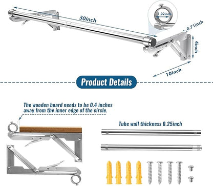 Foldable Wall Mounted Clothes Rack-30'' Long Rod&2 Thick Bases,Stainless Steel,Multi-Purpose for Space-Saving Garment Rack/Clothes Drying Rack/Clothes Hanger,Detachable and Top Shelf Room Reserved