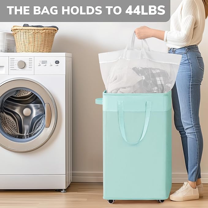 Goodpick Rolling Laundry Basket with Wheels 2-Pack, 75L Large Collapsible Laundry Hamper with Removable Wash Bag Space for living room, Blue