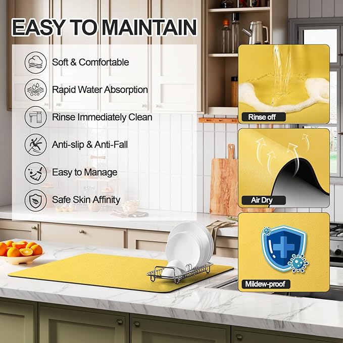 Ecotrim - Dish Drying Mat for Kitchen Counter | Coffee Bar Mat for Countertops | Heat Resistant Drainer Mat with Non-slip Rubber Backed | Hide Stain Kitchen Absorbent Draining Mat | Yellow 18"x24"