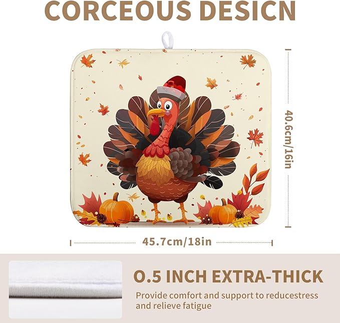 Thankgiving Dish Drying Mat for Kitchen Counter 16x18 Inch Fall Orange Turkey Maple Leaf Pumpkin Absorbent Microfiber Dish Rack Mat Autumn Thankgiving Dish Drying Pad for Coffee Bar Sink