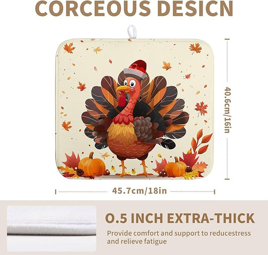 Thankgiving Dish Drying Mat for Kitchen Counter 16x18 Inch Fall Orange Turkey Maple Leaf Pumpkin Absorbent Microfiber Dish Rack Mat Autumn Thankgiving Dish Drying Pad for Coffee Bar Sink