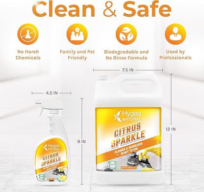 Hygea Natural Citrus Sparkle Chemical-Free Heavy Duty Degreaser & All Purpose Cleaner - Pure Citrus Extracts & Natural D-limonene - Removes Grease, Dirt & Grime (24oz Spray & 128oz Gallon)