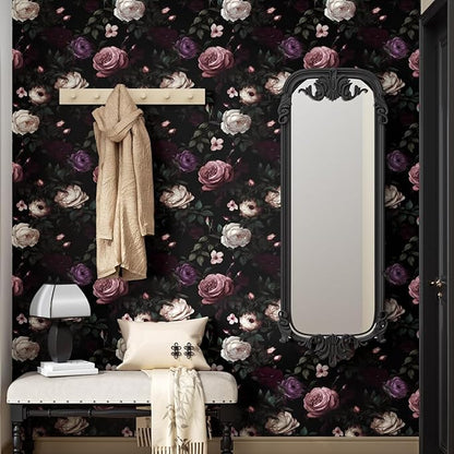 Fvlow Dark Flower Wallpaper Peel and Stick Vintage Pink Rose Contact Paper 17.4" x 393" Black Floral Waterproof Self-Adhesive Wall Covering for Bedroom Countertop Desk Cabinet