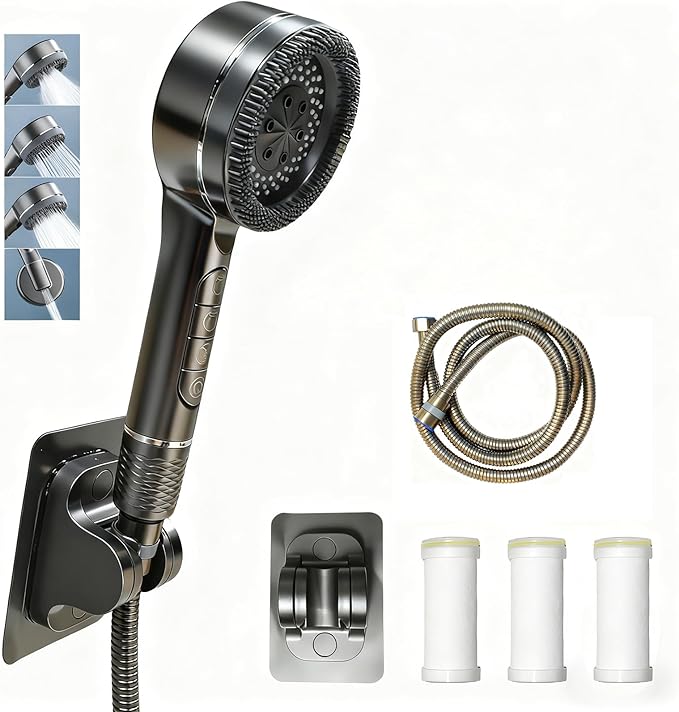 Filtered Shower Head with Handheld, High Pressure 4 Modes & ON/OFF Switch, Water Softener Filter Beads for Hard Water Remove Chlorine, Hand Held Showerhead Set for Pets Bath & Daily Shower