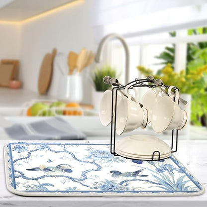 Absorbent Dish Drying Mat Microfiber Dish Drying Pad Reversible Drainer Mats for Countertop, Spring Cute Birds Kitchen Counter Decor, 16'' x18''
