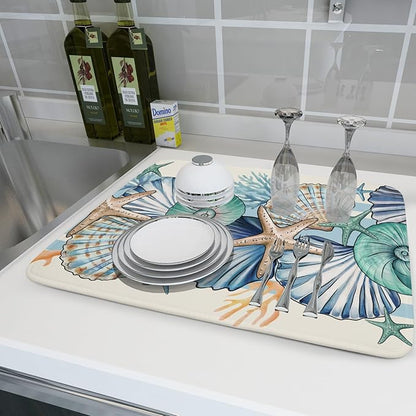 Sea Shell Starfish Summer Dish Drying Pad 18 x 24 Inch With Absorbent Reversible Microfiber Coastal Ocean Drying Mats Dish Drainer Mat Fast Dry For Kitchen Dining Room Decoration