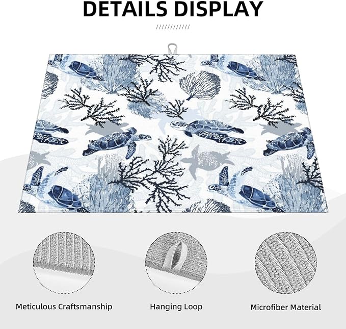 Navy Blue White Sea Turtle & Coral Dish Drying Mats for Kitchen Counter & Sink, Absorbent Microfiber Drying Pad for Dishes, Foldable Nautical Kitchen Mat for Dining Area & Home Decor, 18" x 24"