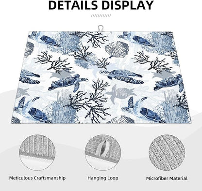 Navy Blue White Sea Turtle & Coral Dish Drying Mats for Kitchen Counter & Sink, Absorbent Microfiber Drying Pad for Dishes, Foldable Nautical Kitchen Mat for Dining Area & Home Decor, 18" x 24"