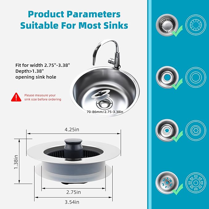 Hibbent 3 in 1 Kitchen Sink Drain Strainer, Stainless Steel Wrapped Shell Drain Stopper Combo, Pop Up Sink Stopper, Anti-Clogging Basket Strainer with Handle for US Standard 3-1/2" Drain