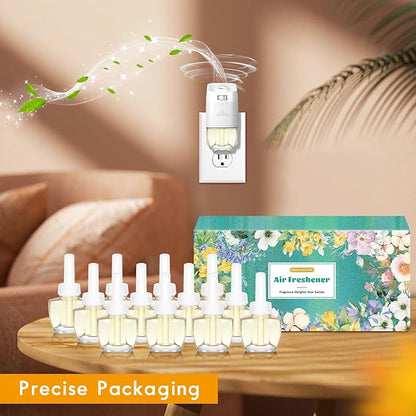 Plug In Air Freshener Starter Kit for Home, 12 Refills + 1 Warmer, Hawaiian, Jasmine & Fresh Cotton Scents for Bathroom & Office, Compatible with Air Wick & Glade, Not Include Glade Plus