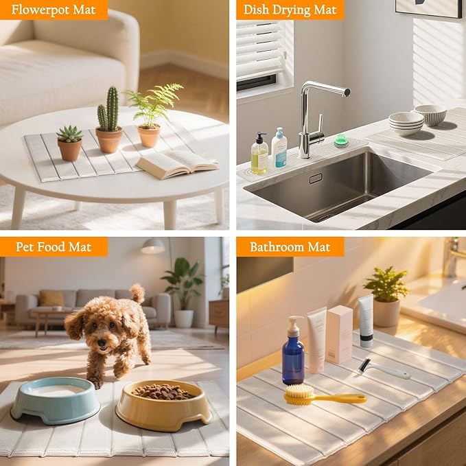 2-in-1 Stone Drying Mat Kit – Faucet Mat for Kitchen Sink & Drying Stone for Countertop, Quick Dry Diatomaceous Earth Dish Mat Set, Foldable & Non-Slip for Dishes & Bottles
